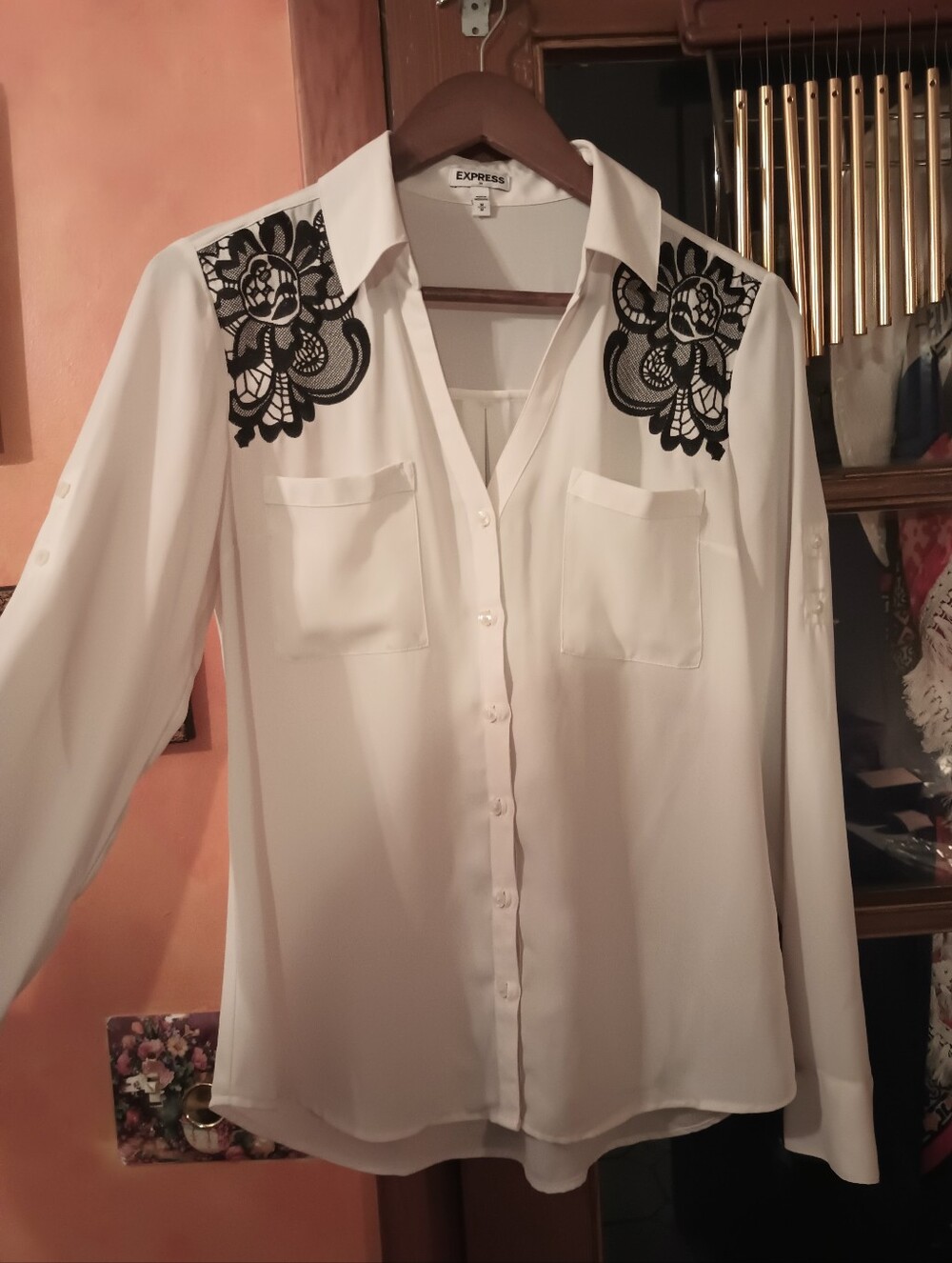 Express White Button-Front Blouse with Black Floral Lace Shoulders